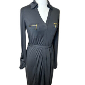 INC International Concepts Shirt Dress Deep Black Long Sleeve Tie Waist Womens